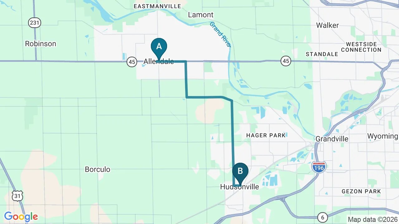Driving directions map from Allendale, MI to Thornapple River Chiropractic in Grand Rapids