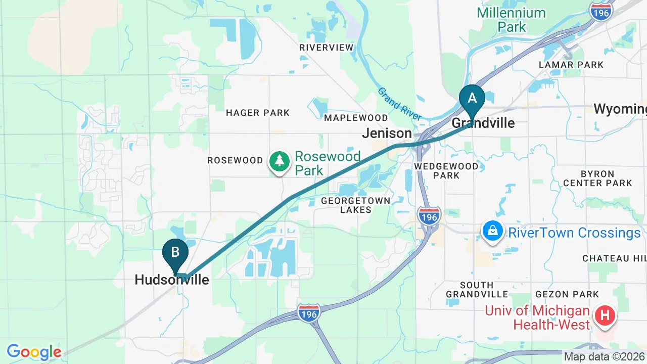 Driving directions map from Grandville, MI to Thornapple River Chiropractic in Grand Rapids
