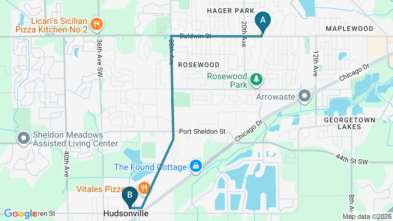 Driving directions map from Jenison, MI to Thornapple River Chiropractic in Grand Rapids