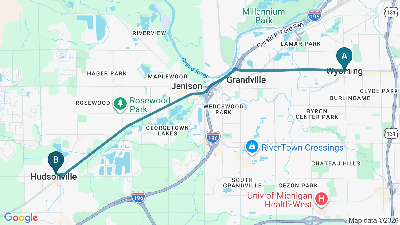 Driving directions map from Wyoming, MI to Thornapple River Chiropractic in Grand Rapids